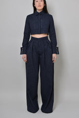 GRAHAM PINSTRIPED CROPPED SHIRT JACKET IN NAVY