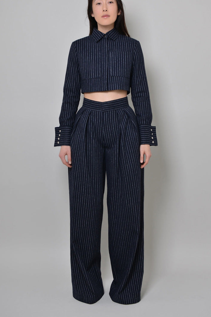 GRAHAM PINSTRIPED CROPPED SHIRT JACKET IN NAVY