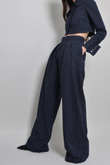GRAHAM PINSTRIPED WIDE LEG PANTS IN NAVY