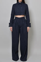 GRAHAM PINSTRIPED WIDE LEG PANTS IN NAVY