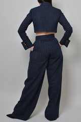 GRAHAM PINSTRIPED WIDE LEG PANTS IN NAVY