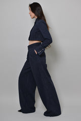 GRAHAM PINSTRIPED WIDE LEG PANTS IN NAVY