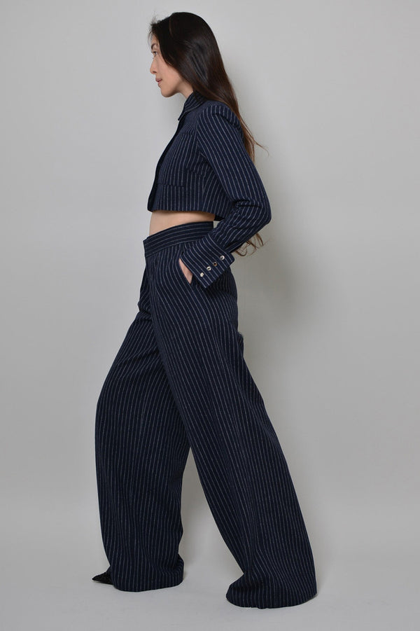 GRAHAM PINSTRIPED WIDE LEG PANTS IN NAVY
