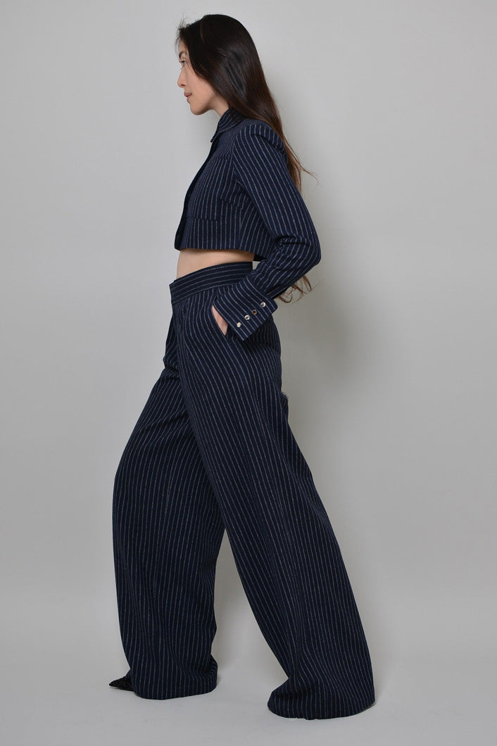 GRAHAM PINSTRIPED WIDE LEG PANTS IN NAVY