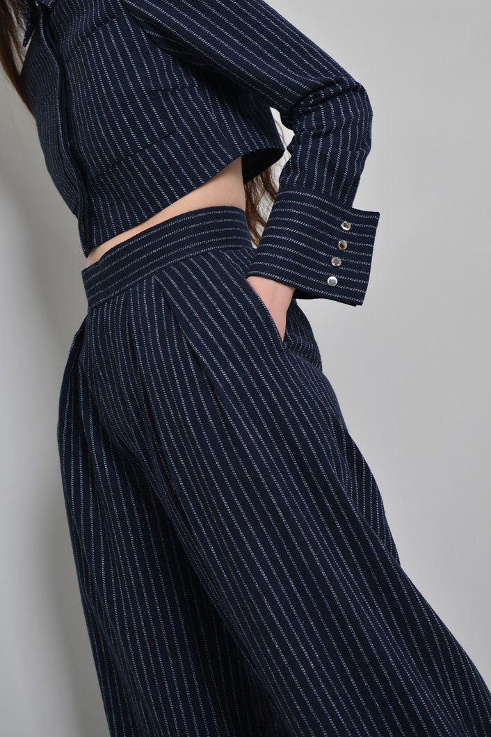 GRAHAM PINSTRIPED WIDE LEG PANTS IN NAVY