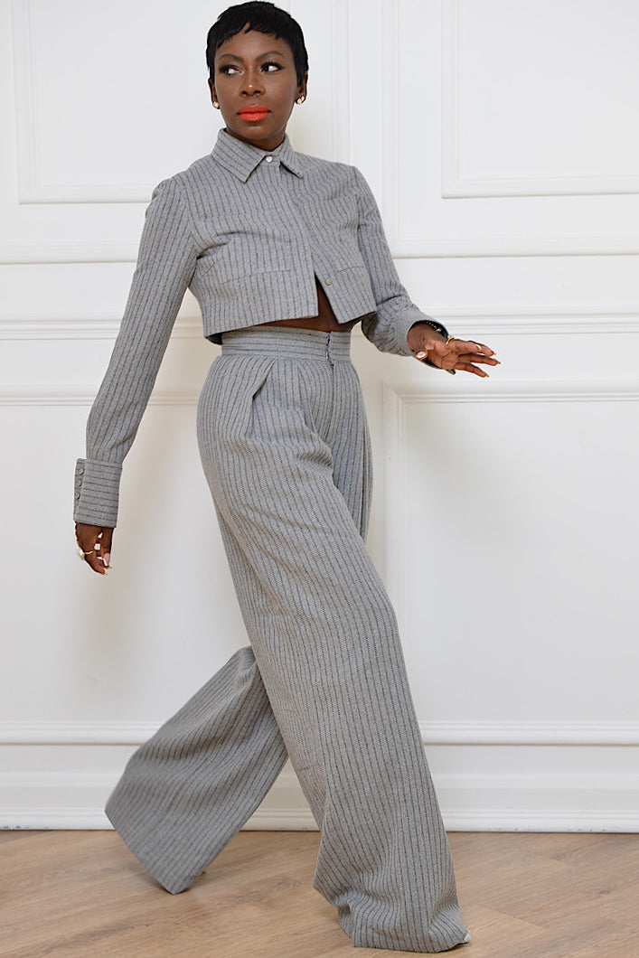 GRAHAM PINSTRIPED CROPPED SHIRT JACKET IN GREY