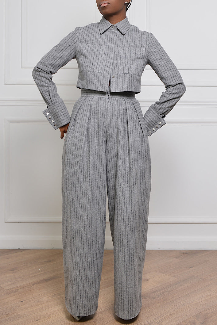 GRAHAM PINSTRIPED WIDE LEG PANTS IN GREY
