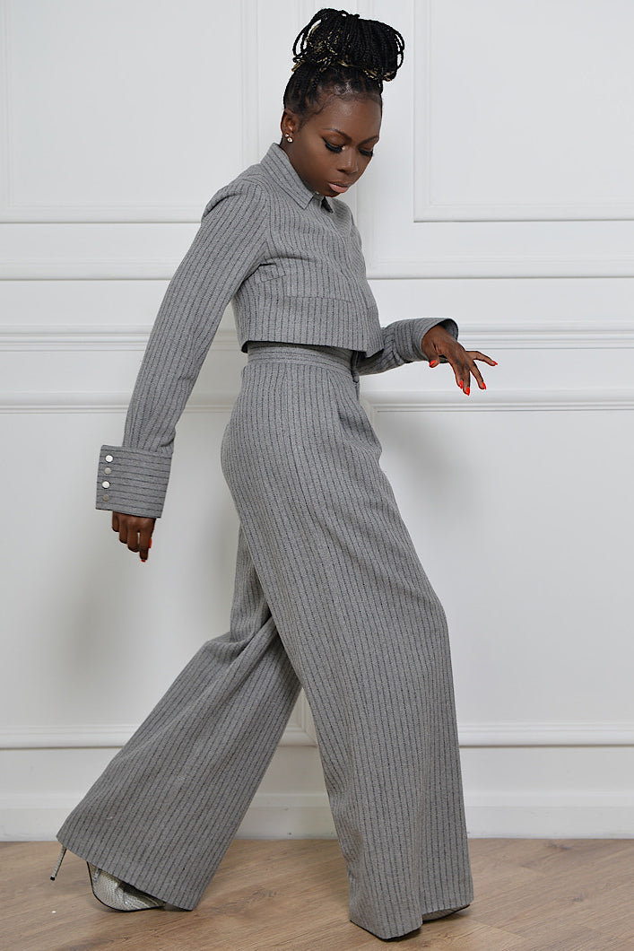 GRAHAM PINSTRIPED WIDE LEG PANTS IN GREY