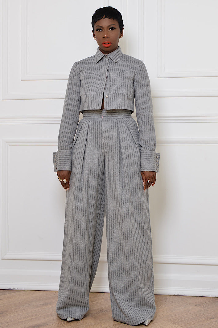 GRAHAM PINSTRIPED WIDE LEG PANTS IN GREY