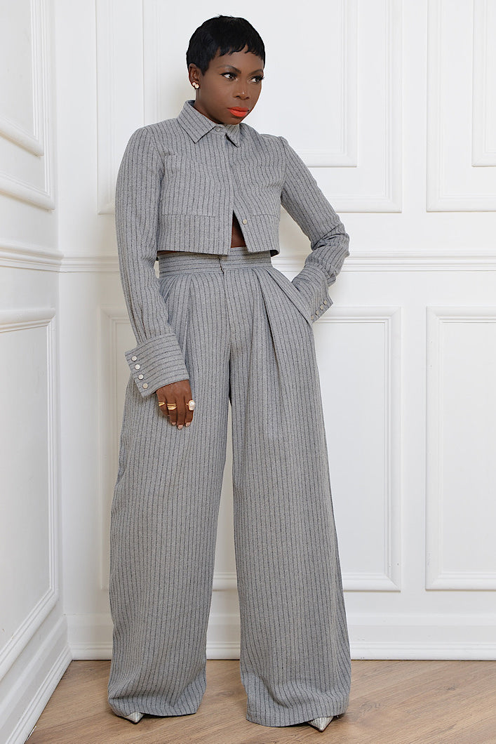 GRAHAM PINSTRIPED WIDE LEG PANTS IN GREY