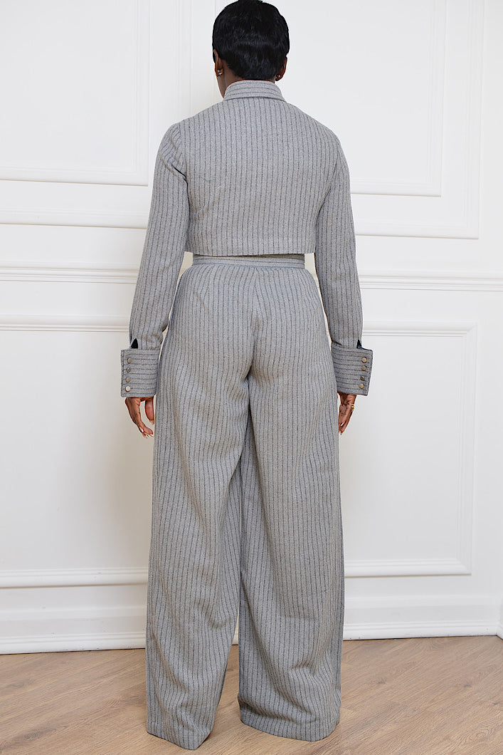 GRAHAM PINSTRIPED WIDE LEG PANTS IN GREY