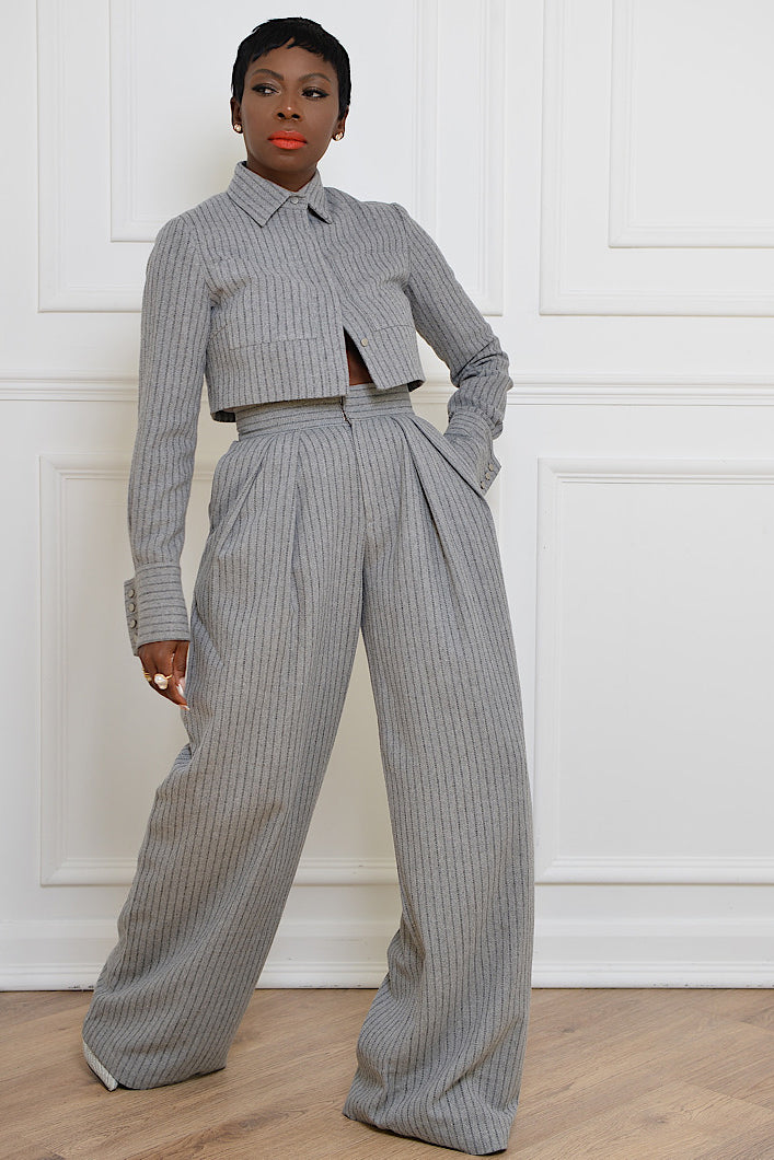 GRAHAM PINSTRIPED WIDE LEG PANTS IN GREY