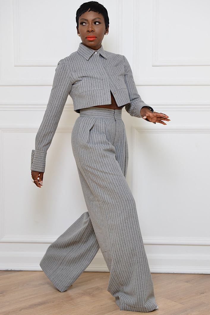 GRAHAM PINSTRIPED WIDE LEG PANTS IN GREY