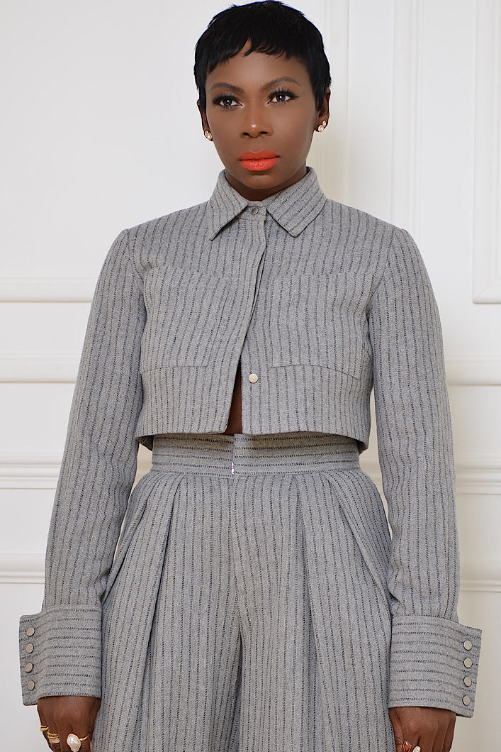 GRAHAM PINSTRIPED CROPPED SHIRT JACKET IN GREY