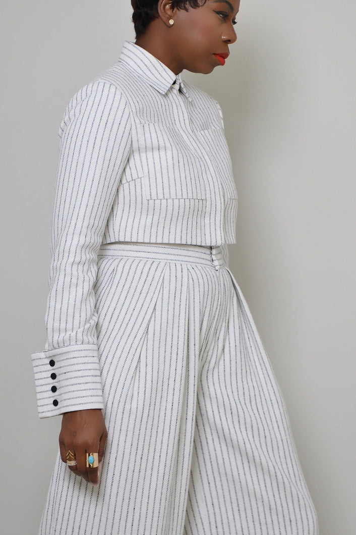 GRAHAM PINSTRIPED CROPPED SHIRT JACKET IN OFF-WHITE