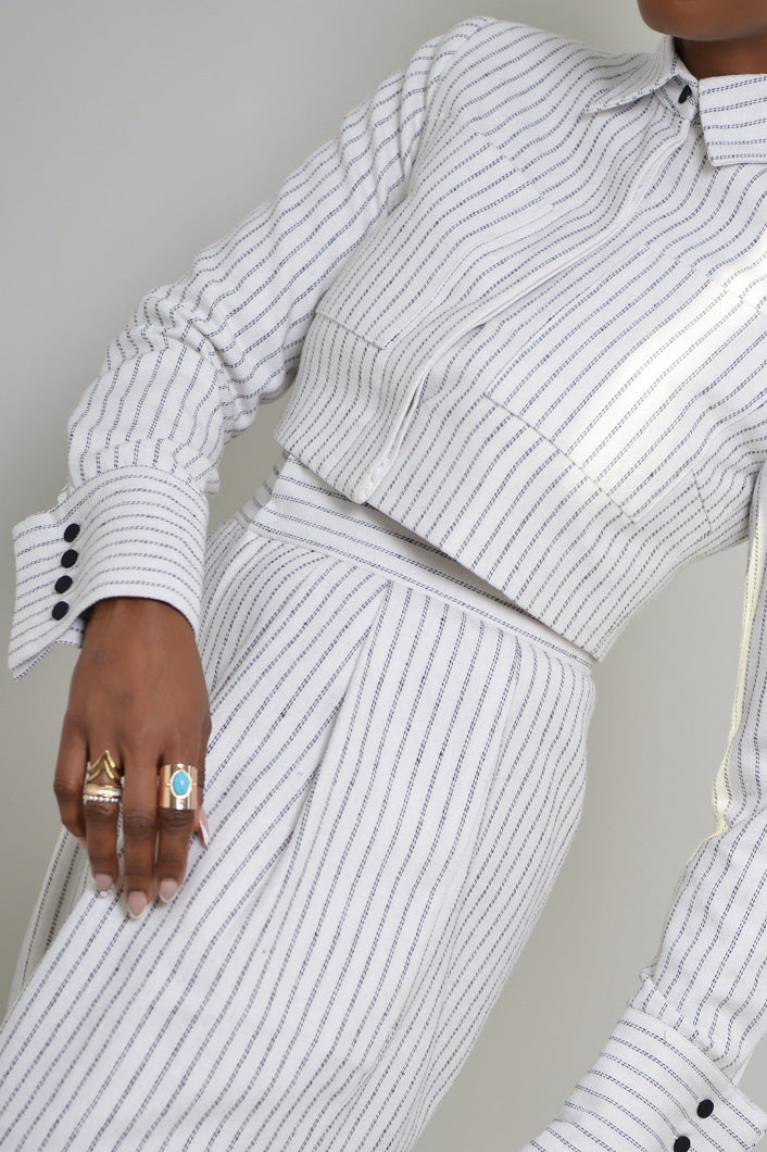 GRAHAM PINSTRIPED CROPPED SHIRT JACKET IN OFF-WHITE