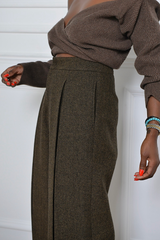 HARROW WIDE LEG HERRINGBONE FRONT PLEATED PANTS IN DARK BROWN
