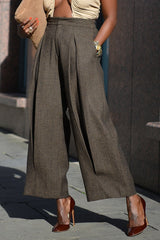 HARROW WIDE LEG HERRINGBONE FRONT PLEATED PANTS IN DARK BROWN