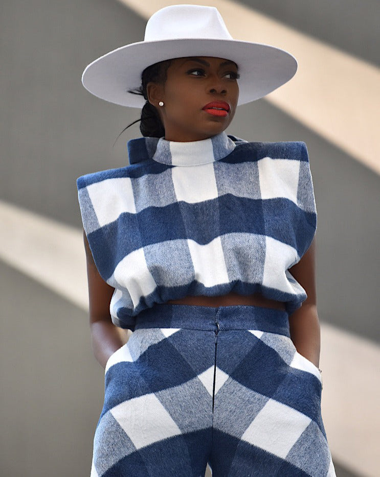 Model wearing The Kemist Highland Wool Top and Wide Leg Pants in in Blue