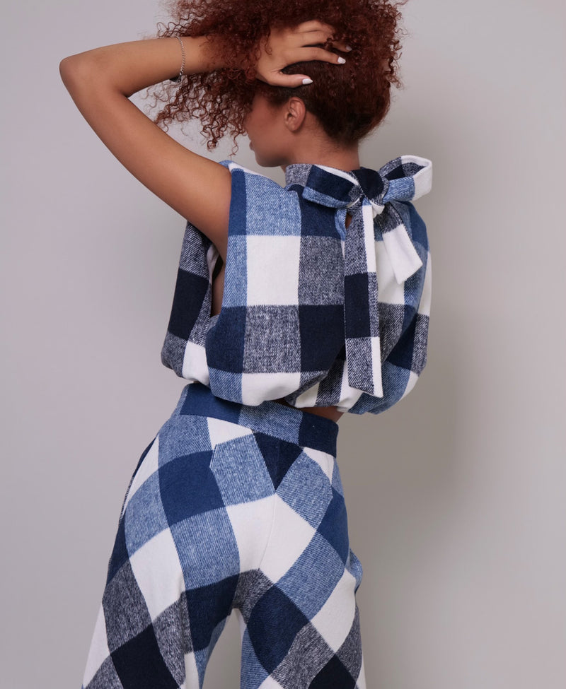 Model wearing The Kemist Highland Wool Top and Wide Leg Pants in in Blue