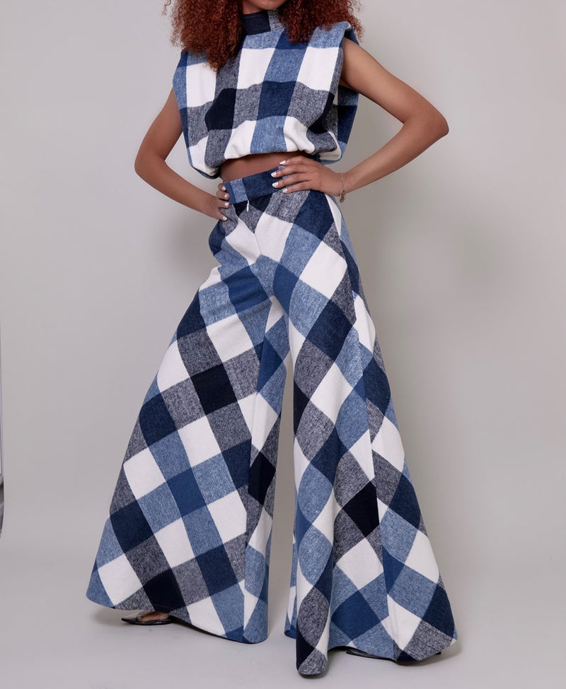 Model wearing The Kemist Highland Wool Top and Wide Leg Pants in in Blue