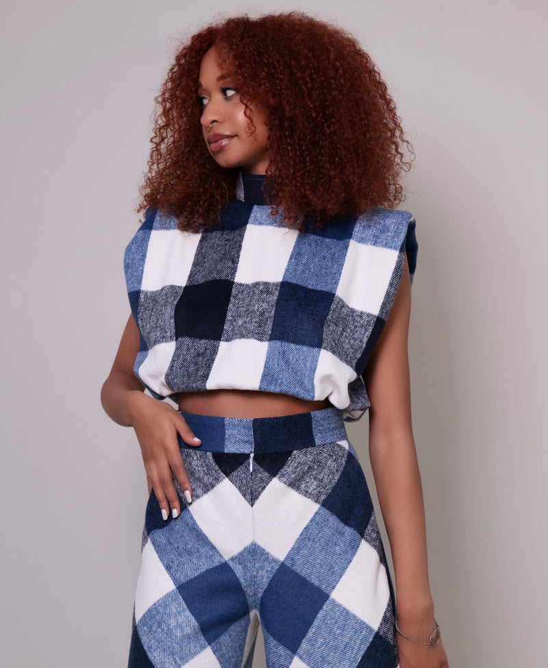 Model wearing The Kemist Highland Wool Top and Wide Leg Pants in in Blue