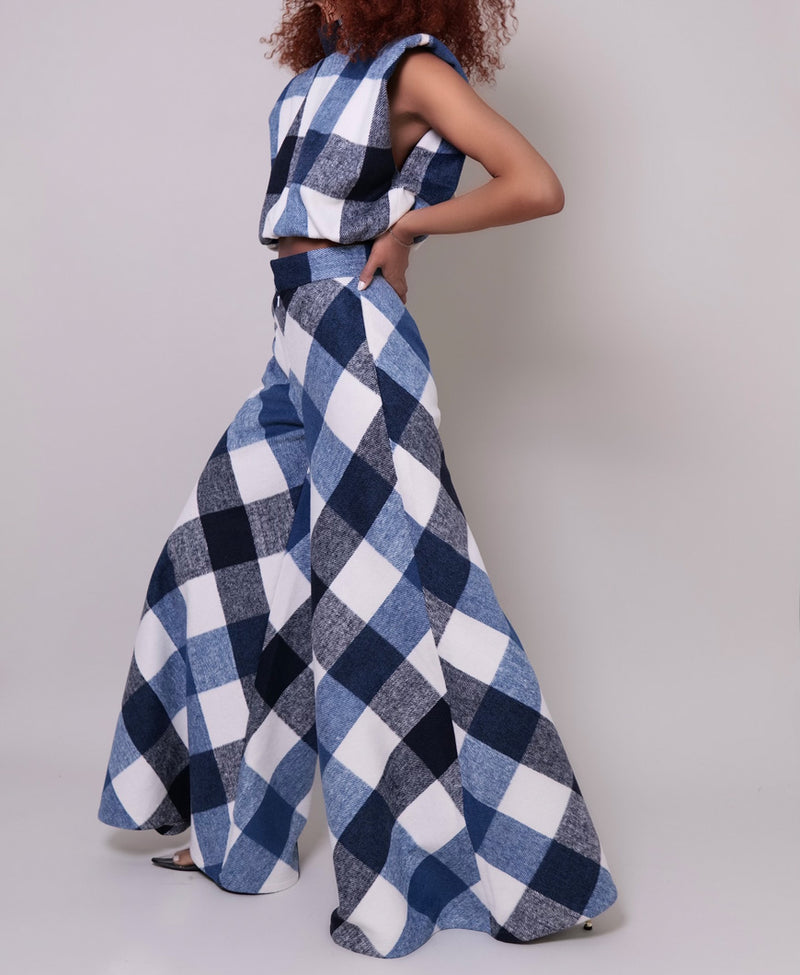 Model wearing The Kemist Highland Wool Top and Wide Leg Pants in in Blue