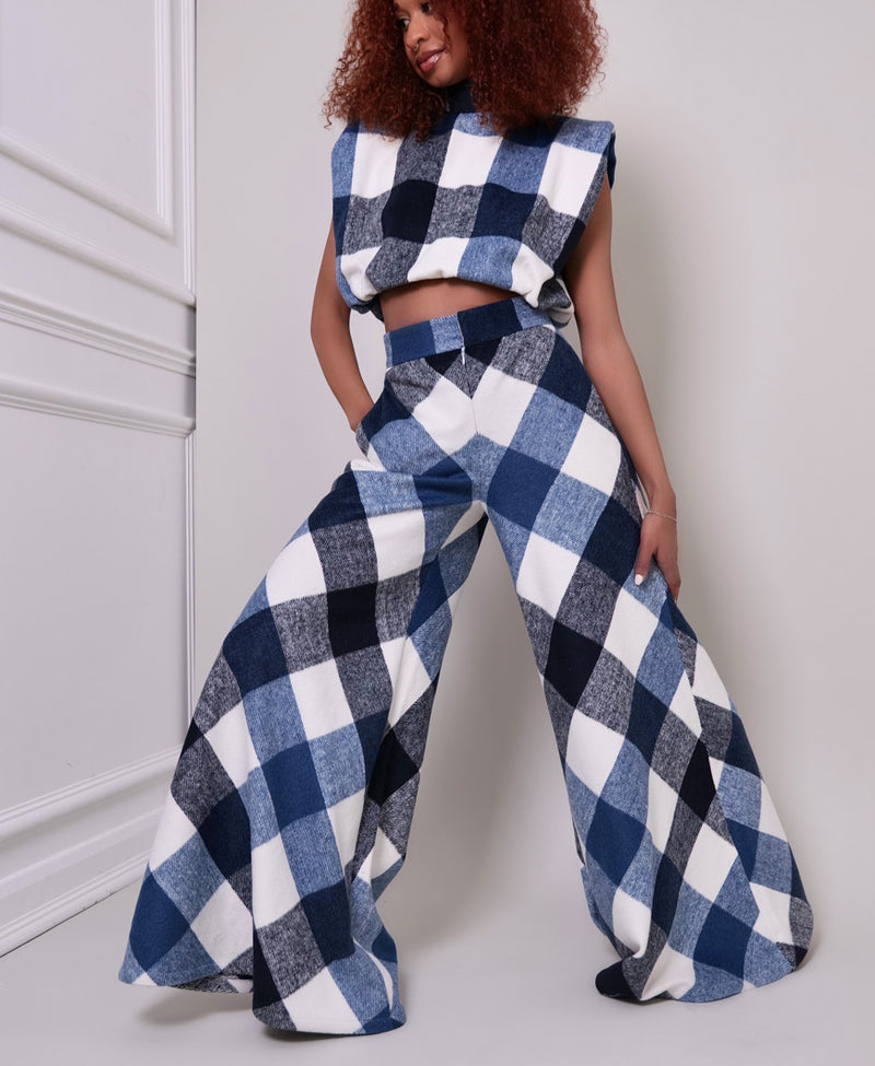 Model wearing The Kemist Highland Wool Top and Wide Leg Pants in in Blue