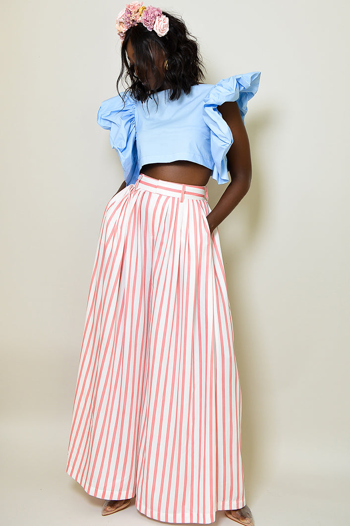 DERRY STRIPE PLEATED WIDE LEG PANTS IN PINK