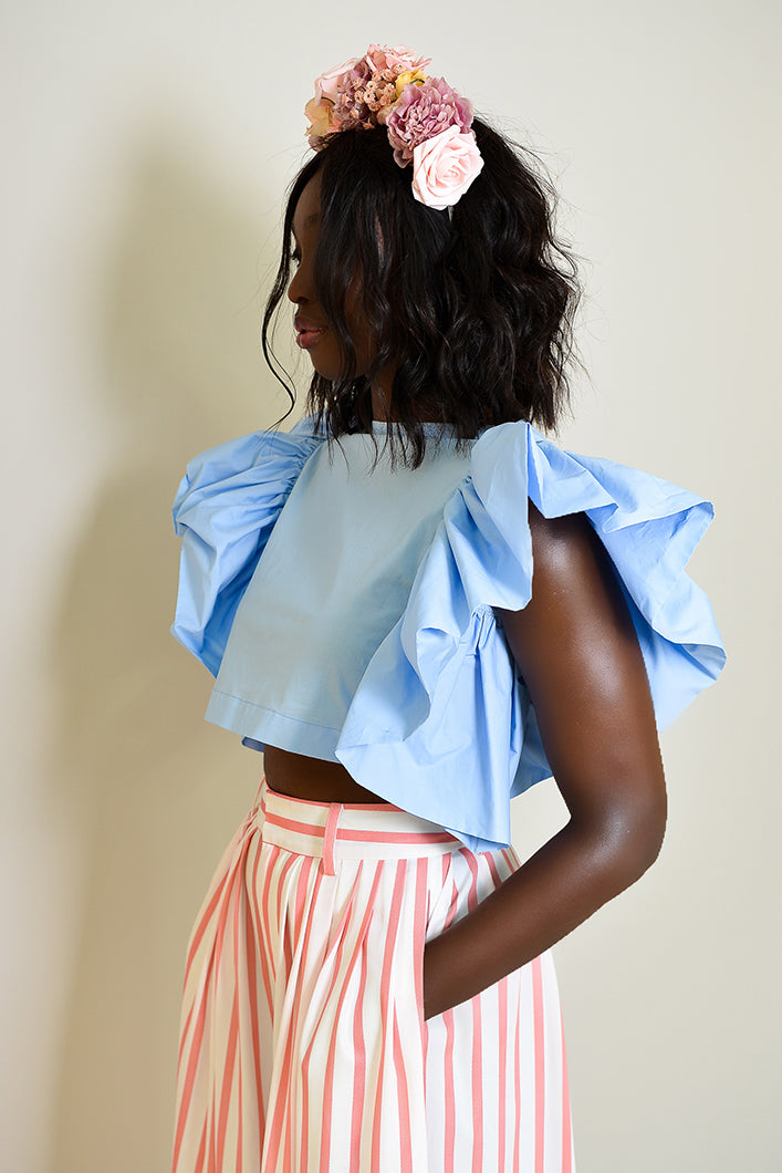KAILI RUFFLED SLEEVELESS TOP IN BLUE