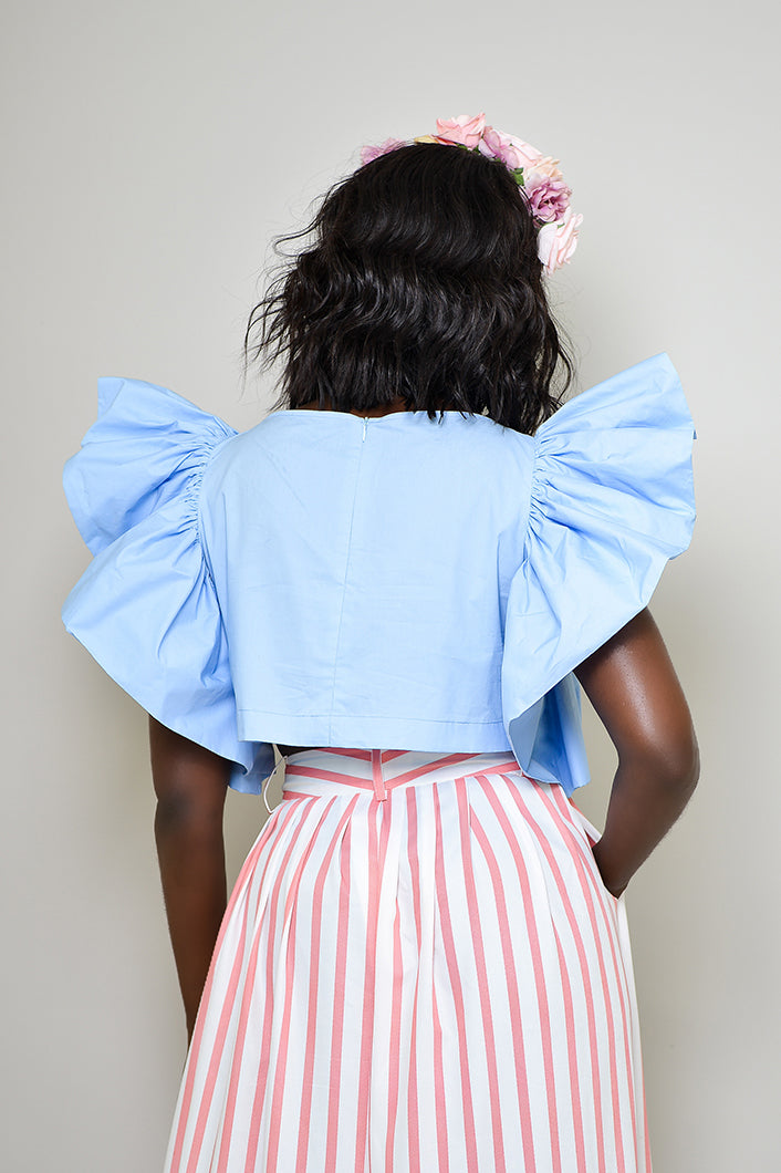 KAILI RUFFLED SLEEVELESS TOP IN BLUE