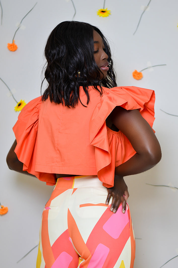 KAILI RUFFLED SLEEVELESS TOP IN ORANGE