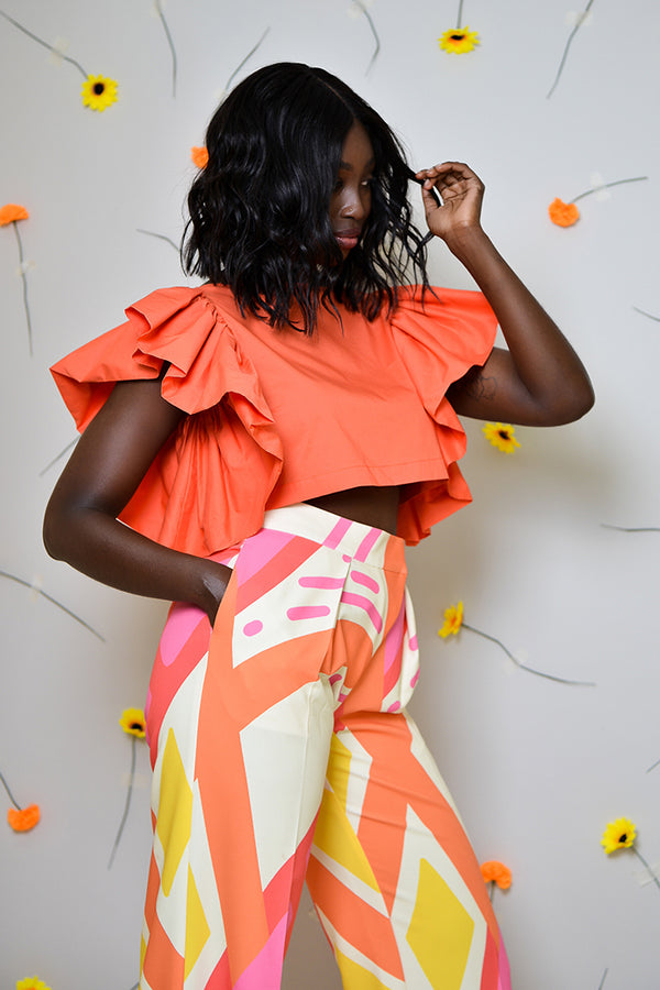 KAILI RUFFLED SLEEVELESS TOP IN ORANGE