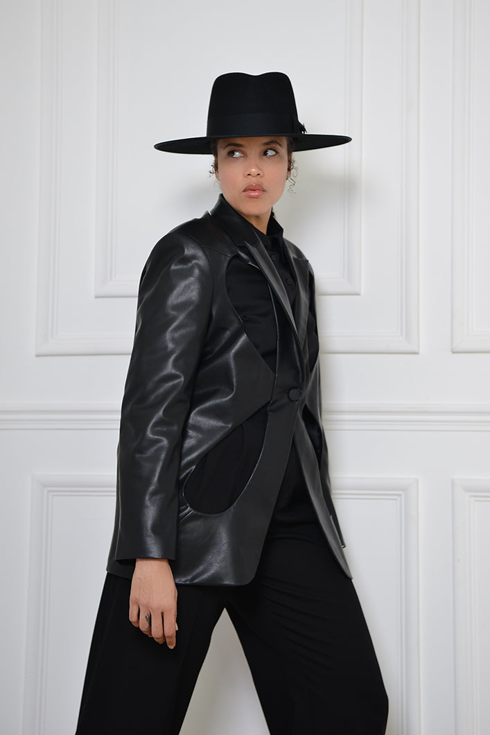 LAHORE PELLE CUT OUT FAUX LEATHER BLAZER IN BLACK