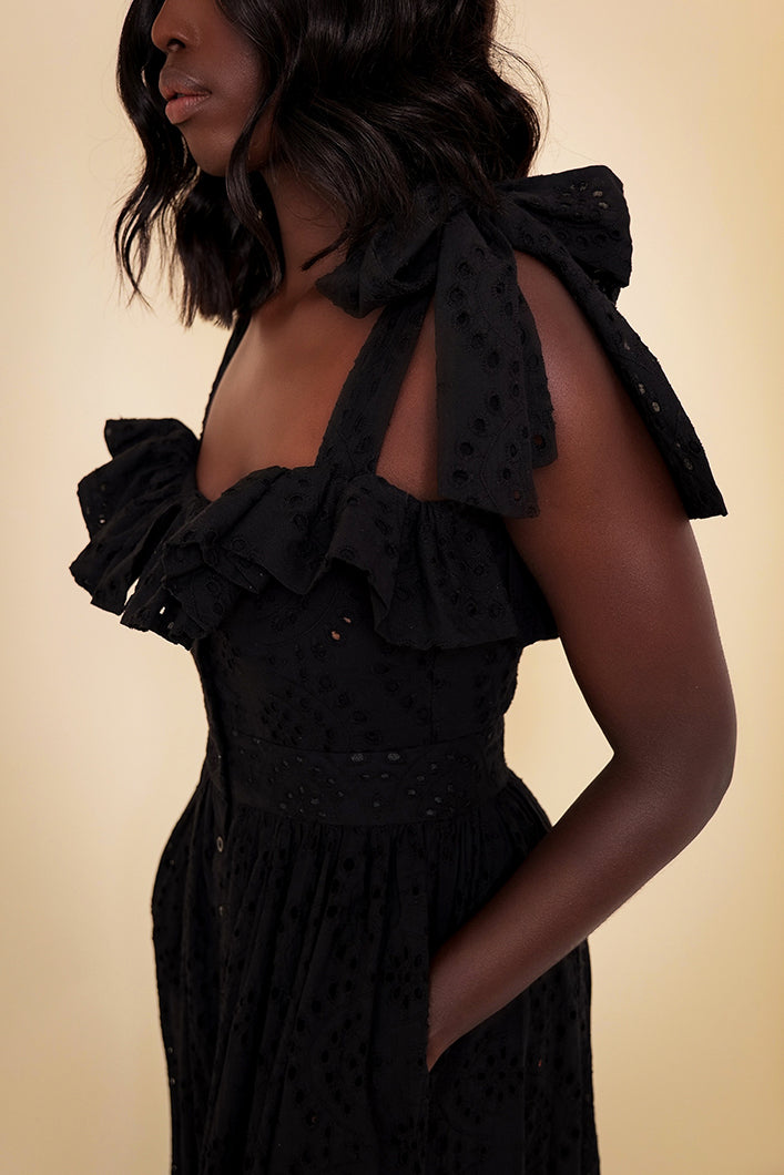LISBON BRODERIE ANGLAISE MAXI SUNDRESS IN BLACK
