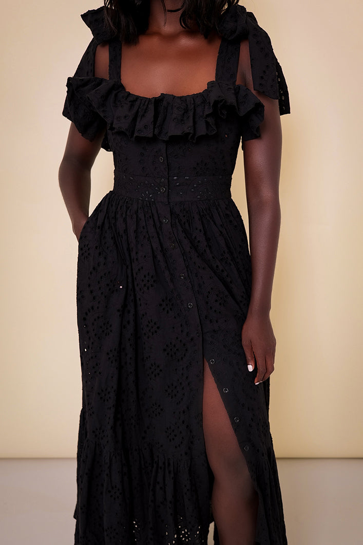 LISBON BRODERIE ANGLAISE MAXI SUNDRESS IN BLACK