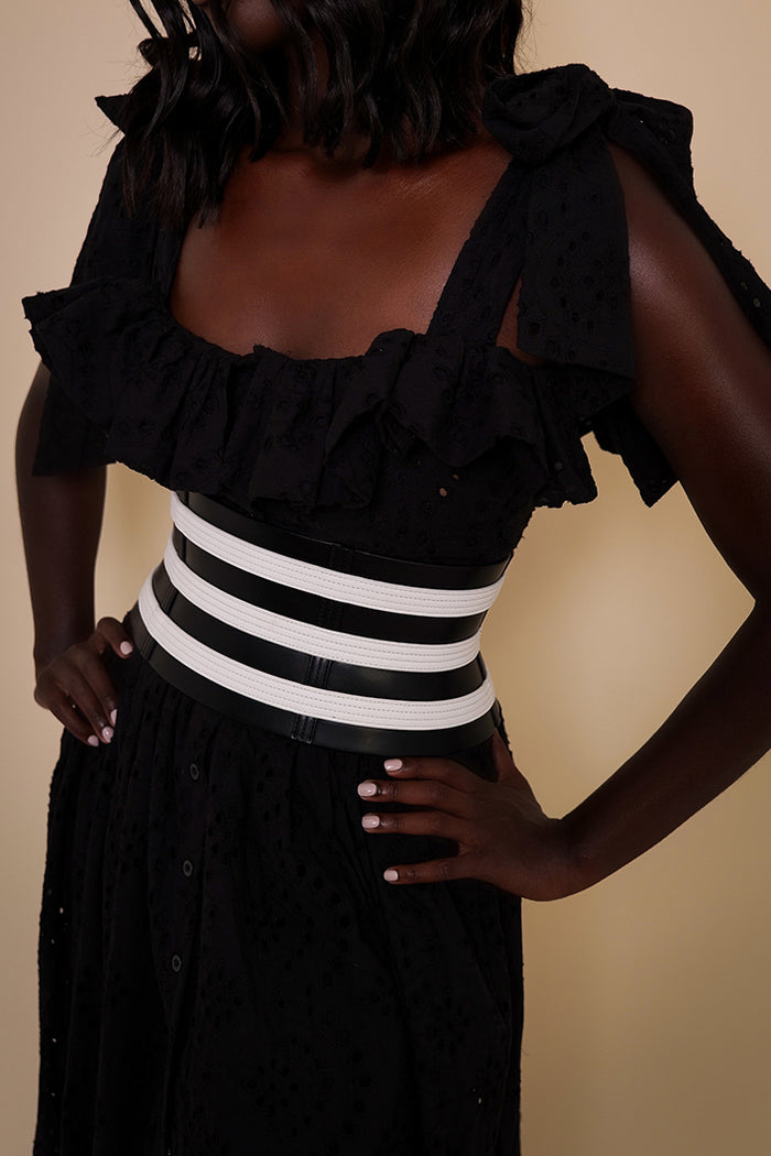 FIJI 7 TIER FAUX LEATHER CORSET BELT IN BLACK AND WHITE FIJI 7 TIER FAUX LEATHER CORSET BELT IN BLACK AND WHITE
