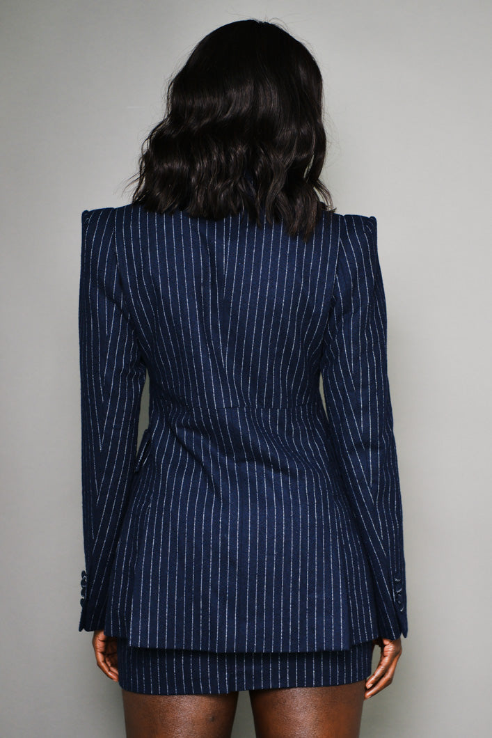 MILAN PINSTRIPED TAILORED MINI SKIRT IN NAVY