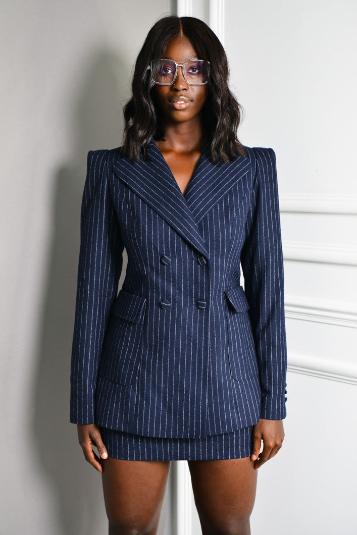 MILAN PINSTRIPED TAILORED MINI SKIRT IN NAVY