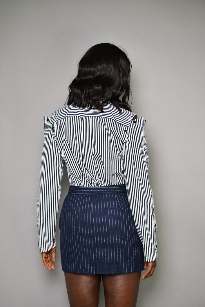 MILAN PINSTRIPED TAILORED MINI SKIRT IN NAVY