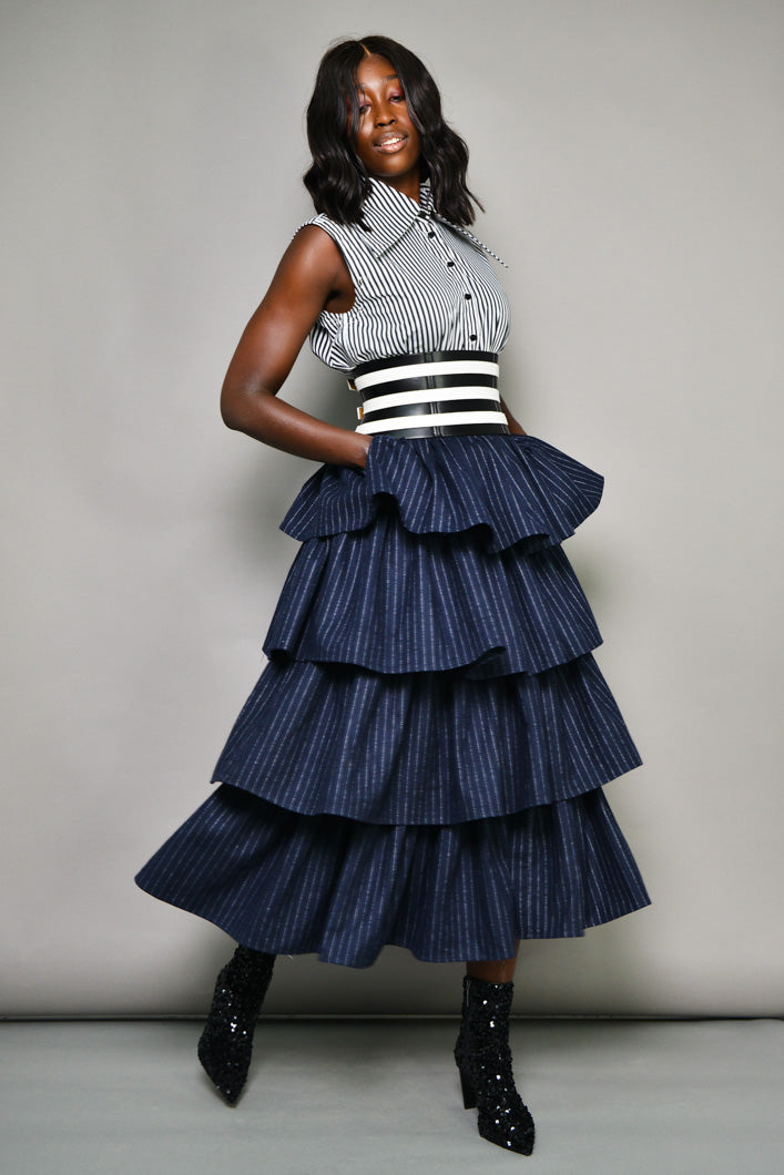 MILAN 2 in 1 PINSTRIPED MIDI-MINI TIERED SKIRT IN NAVY