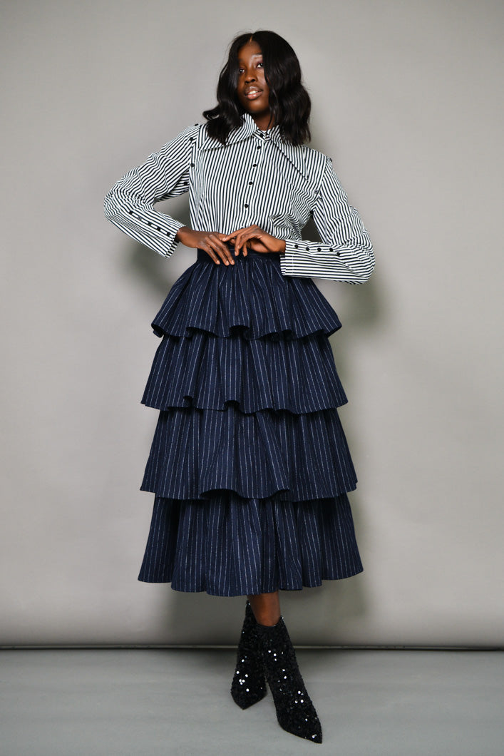 MILAN 2 in 1 PINSTRIPED MIDI-MINI TIERED SKIRT IN NAVY