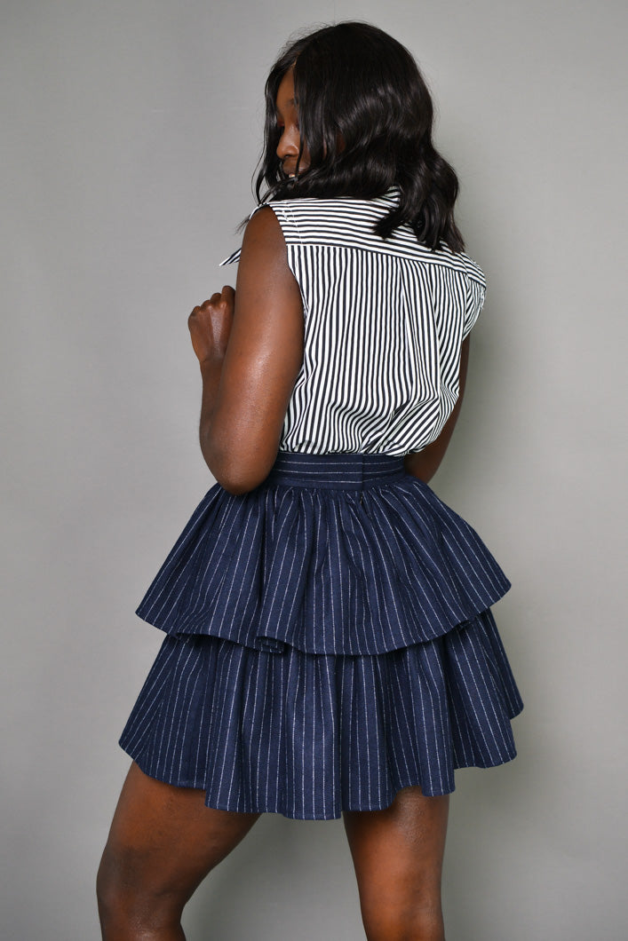 MILAN 2 in 1 PINSTRIPED MIDI-MINI TIERED SKIRT IN NAVY