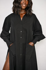 MODENA MAXI FLARED SHIRT DRESS IN BLACK