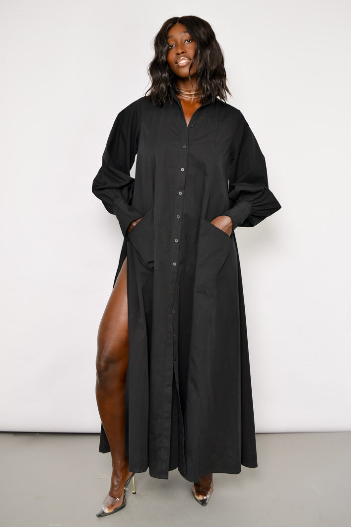 MODENA MAXI FLARED SHIRT DRESS IN BLACK