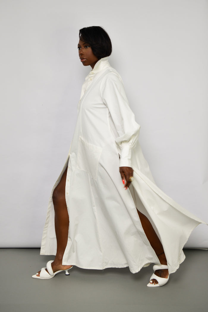MODENA MAXI FLARED SHIRT DRESS IN OFF WHITE – THE KEMIST