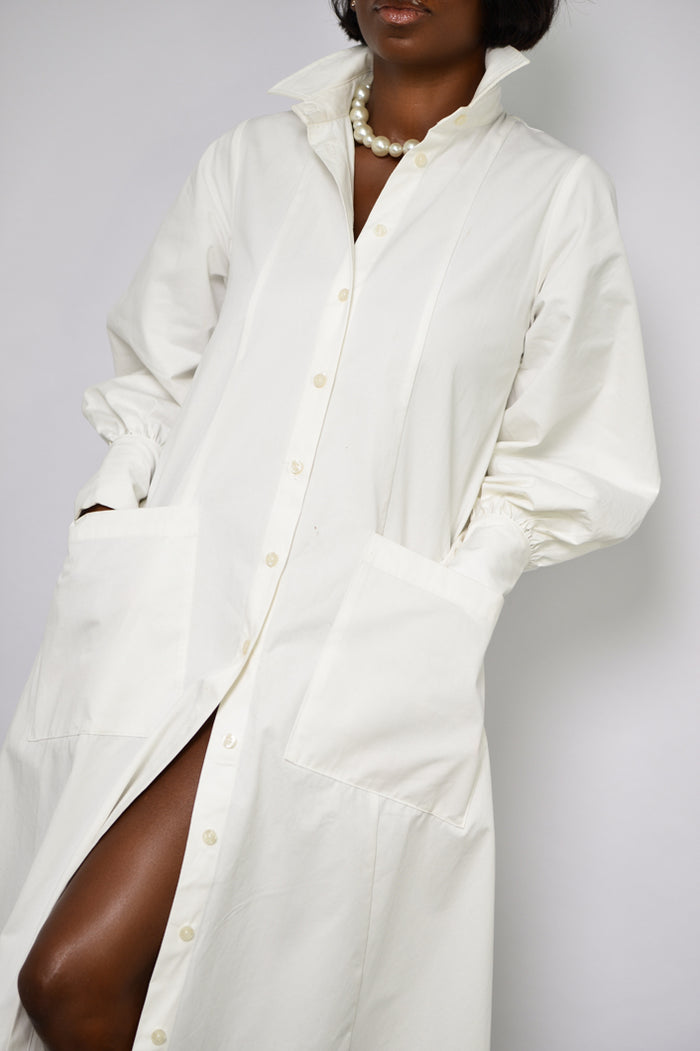 MODENA MAXI FLARED SHIRT DRESS IN OFF WHITE – THE KEMIST