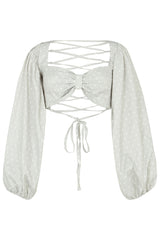 COLIMA LACE UP BACK BABYDOLL TOP IN GREY DIAMOND POLKA DOT