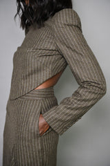 PITTSBURG PINSTRIPED SHOULDER PADDED TAILORED BACKLESS TOP IN BROWN