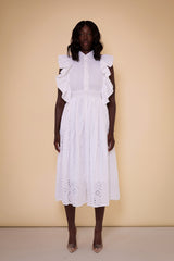 PORTO BRODERIE ANGLAISE SIDE RUFFLE BUTTON DOWN DRESS